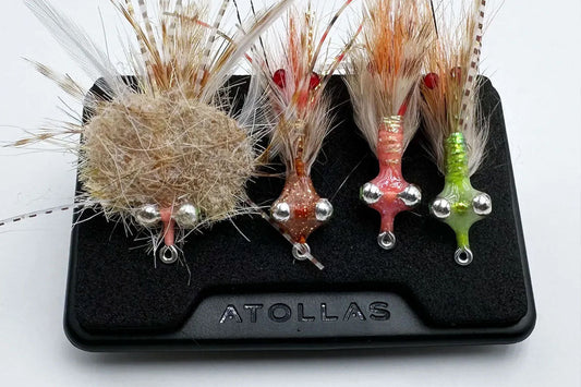 Atollas Fly Caddy clippable fly patch with bonefish flies attached to the top of it on white background