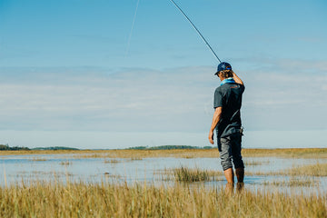 fly fisherman wading a flooded marsh flat catching a redfish