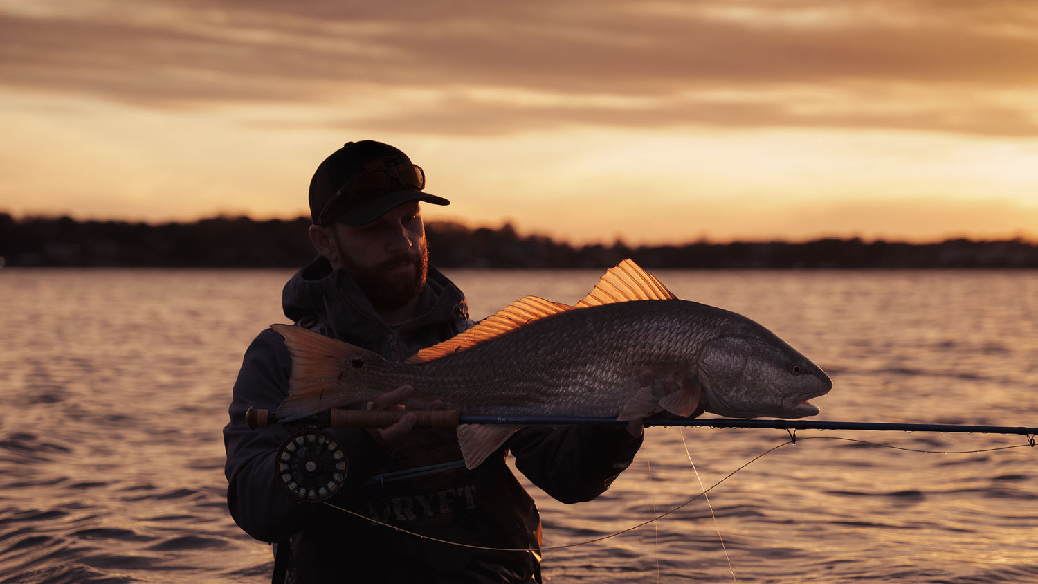 A fly fisherman in a black cap and dark jacket stands on an open bay at sunset holding a large redfish with a fly fishing rod.