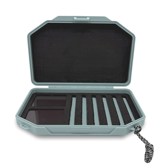 Light green 1GO Fly Box opened to display interior of box against a white background