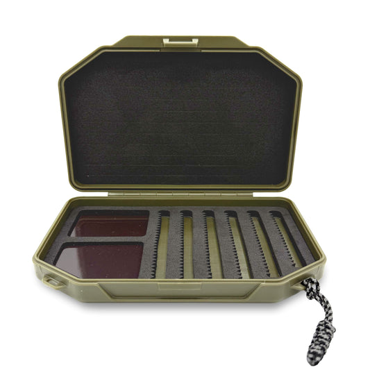 Olive Green 1GO Fly Box opened up to show the interior of the box against a white background