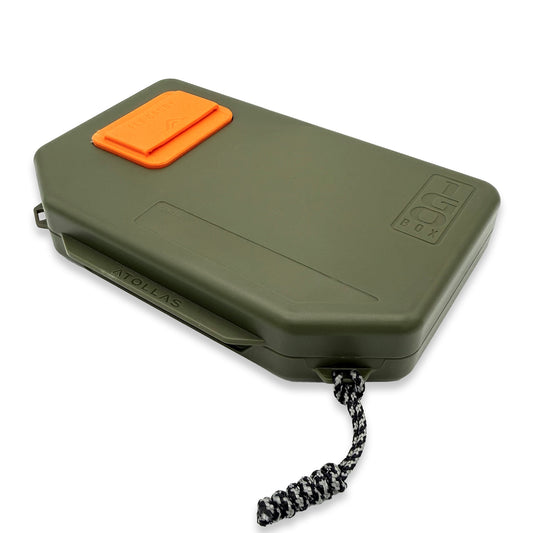 Olive Green 1GO Fly Box with orange docking station against a white background