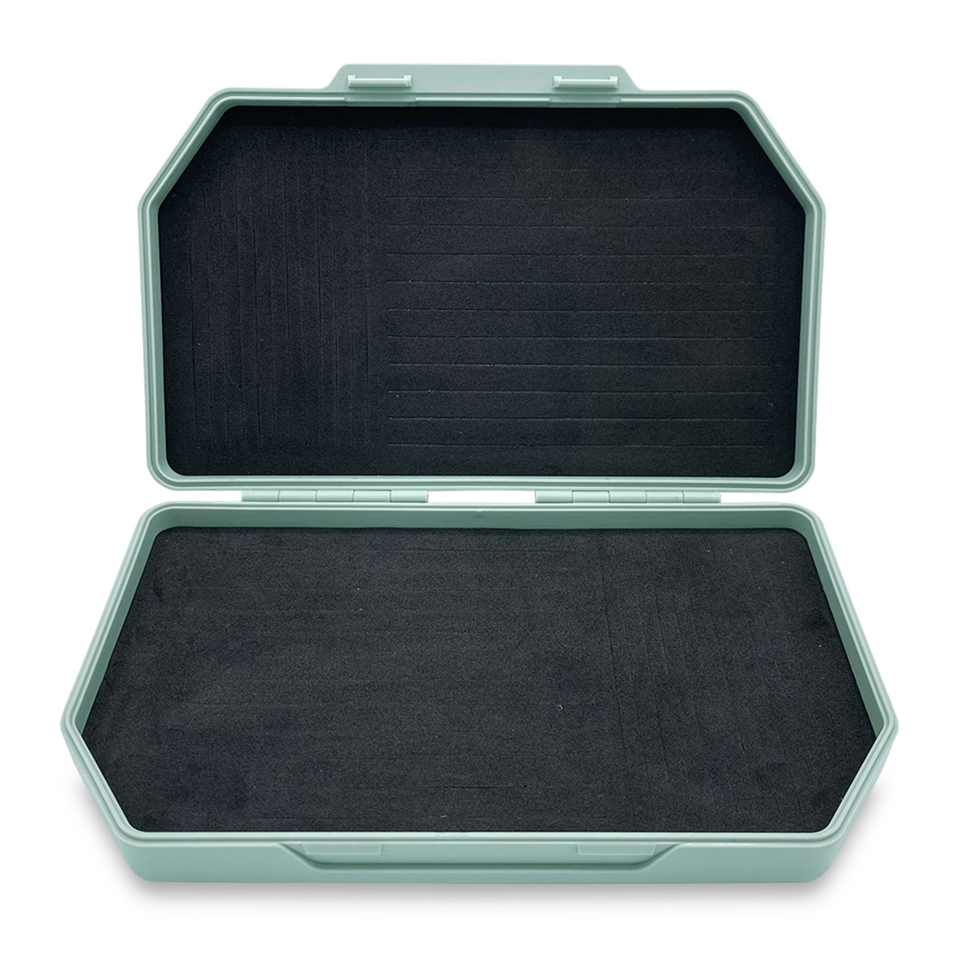 Green Atollas 2GO Fly Box open displaying the interior of the box against white background