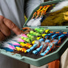 Open Atollas 2GO Fly Box with various colorful topwater flies for bass and redfish