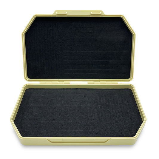 Sand colored Atollas 2GO Fly Box opened displaying interior against a white background