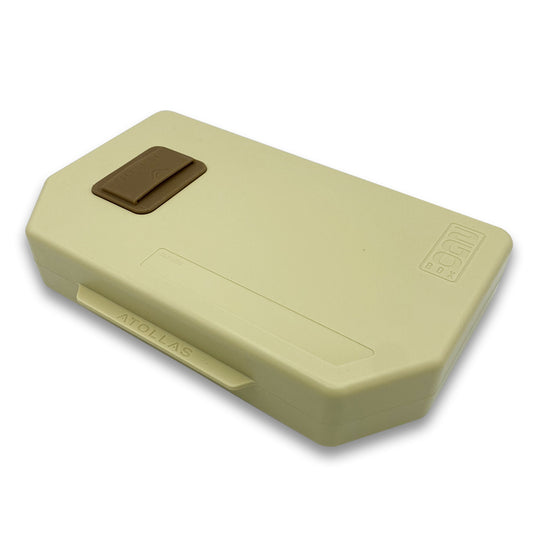 Sand colored Atollas 2GO Fly Box closed against a white background