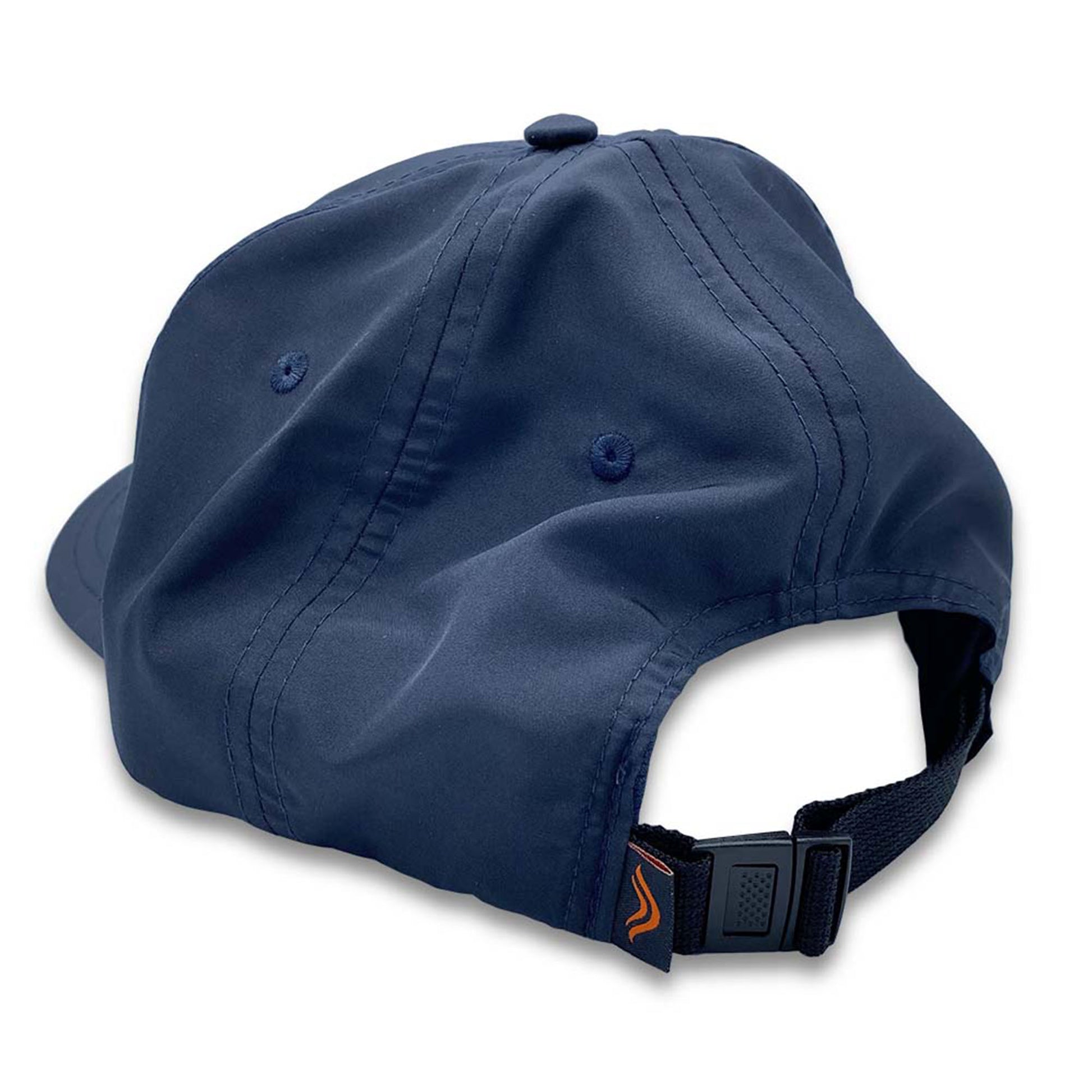 Navy blue cap with a black strap on a white background