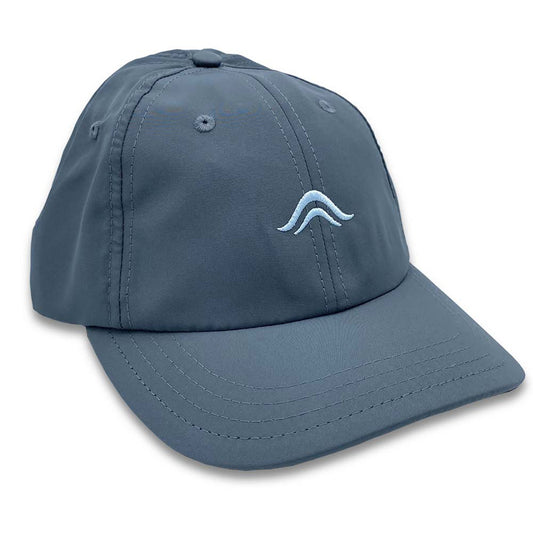 Slate blue baseball cap with an Atollas logo on a white background