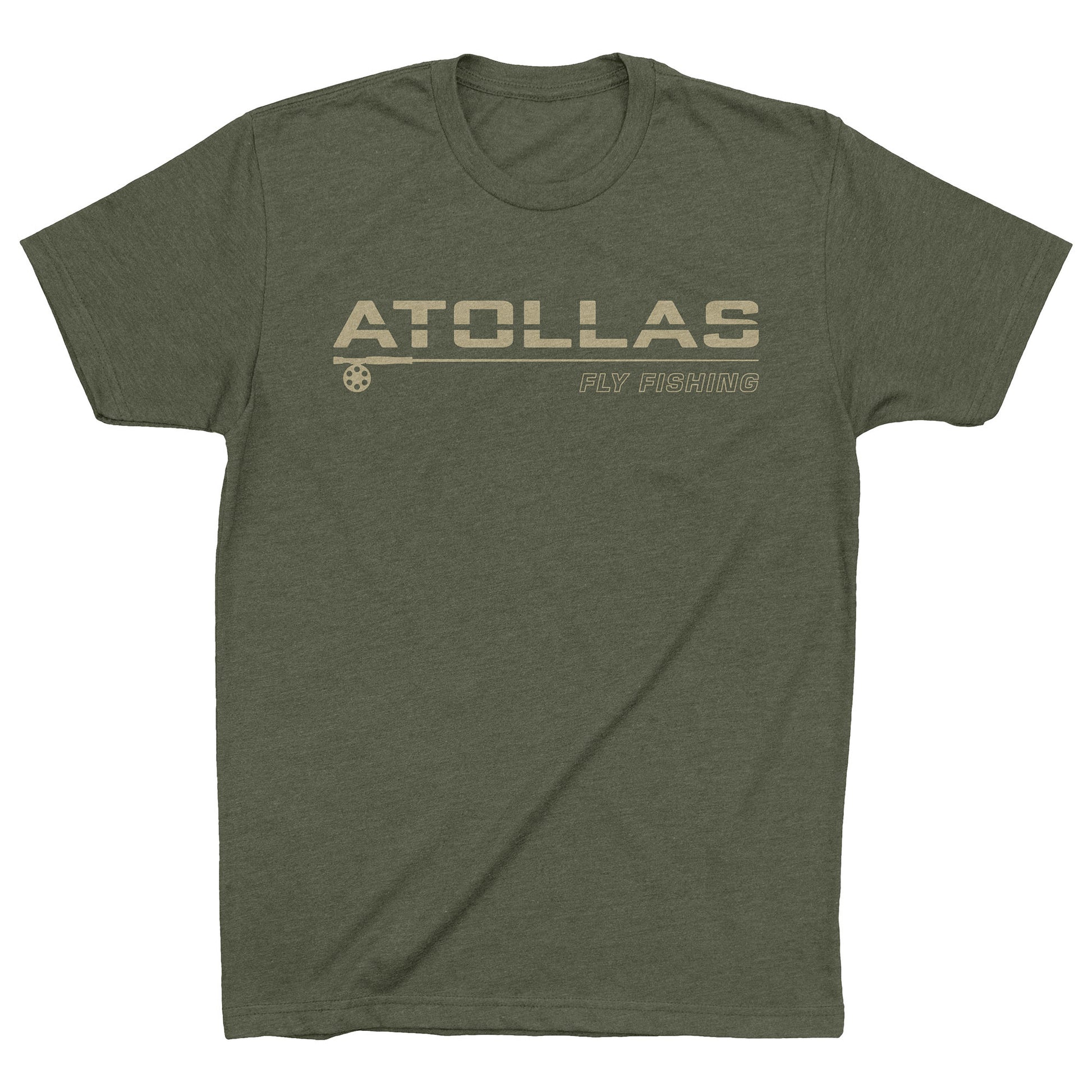 Green t-shirt with 'ATOLLAS' fly fishing logo on a white background