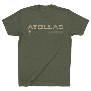 Green t-shirt with 'ATOLLAS' fly fishing logo on a white background