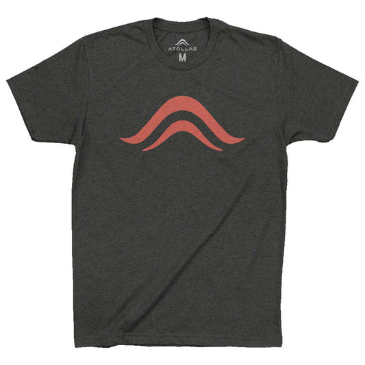 Dark gray t-shirt with a red Atollas logo on a white background