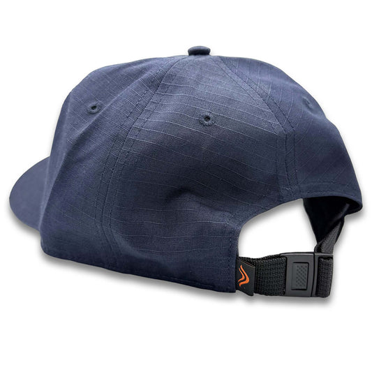 Navy blue cap with a black strap on a white background