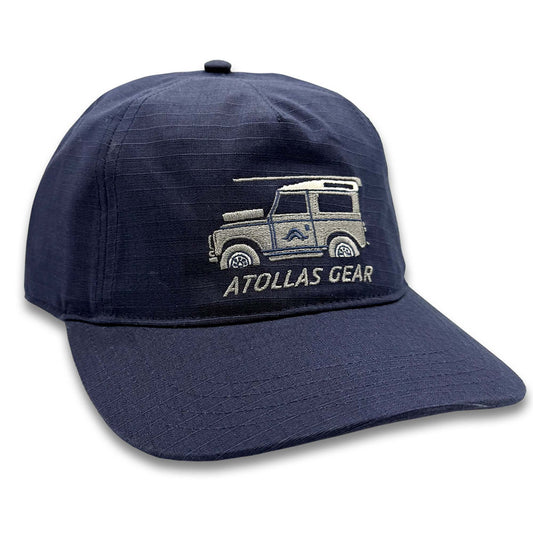Navy cap with a Landrover Defender 90 and 'Atollas Gear' text on a white background