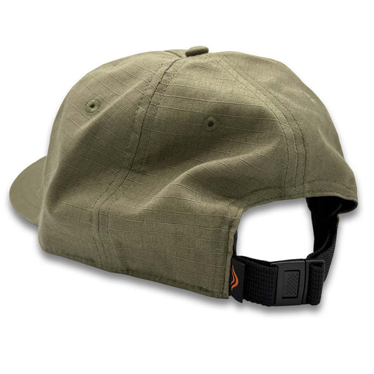 Olive cap with a black strap on a white background