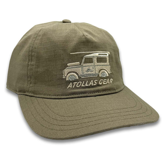 Olive cap with a Landrover Defender 90 and 'Atollas Gear' text on a white background