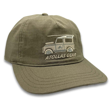 Olive cap with a Landrover Defender 90 and 'Atollas Gear' text on a white background