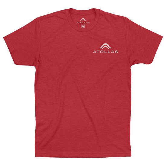 Red t-shirt with white 'Atollas' logo and text on a white background