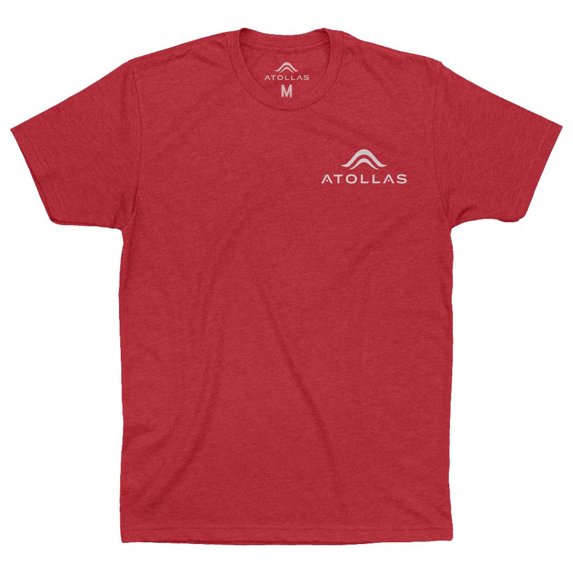 Red t-shirt with white 'Atollas' logo and text on a white background