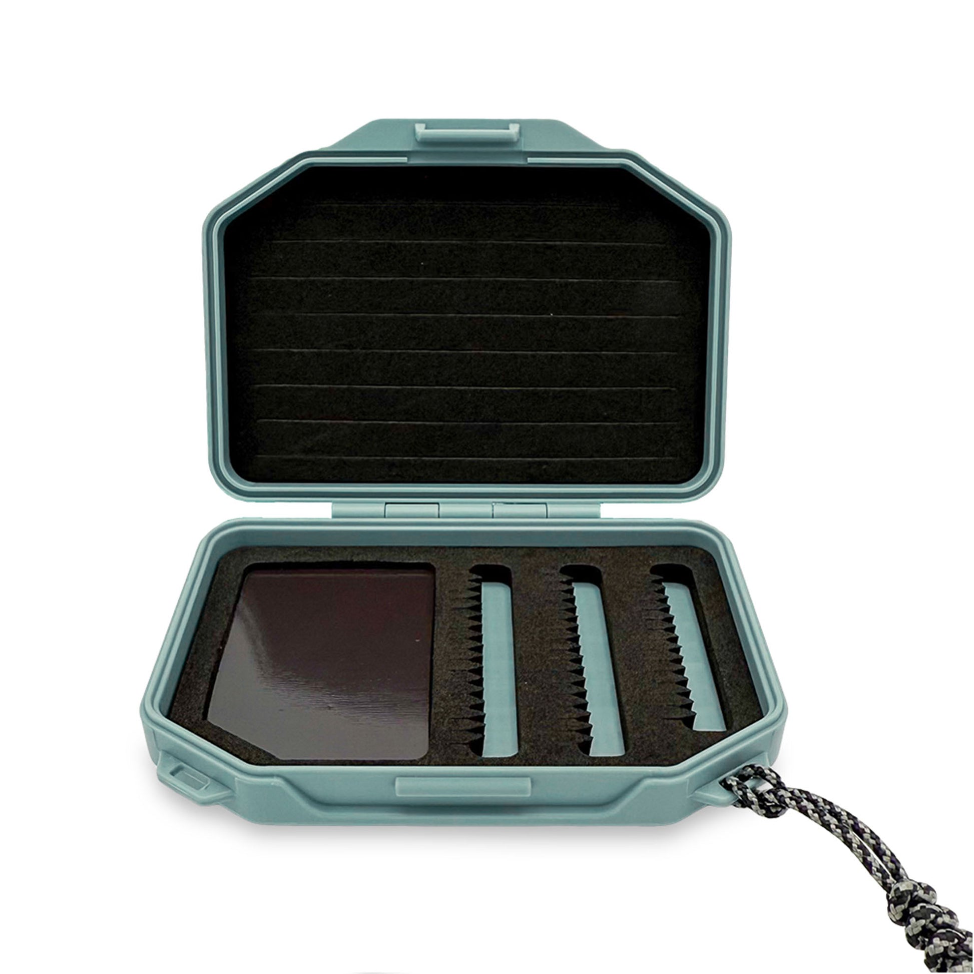 Atollas Micro Fly Box opened showing the interior on a white background