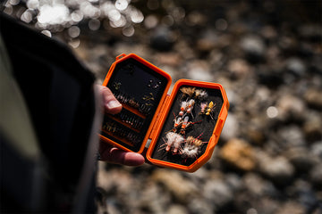 Person holding an open Atollas Micro Fly Box with various flies against a blurred natural background.