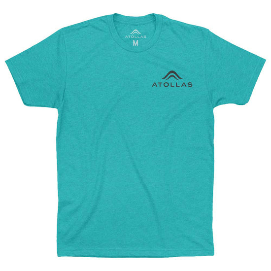 Teal t-shirt with black Atollas logo on a white background