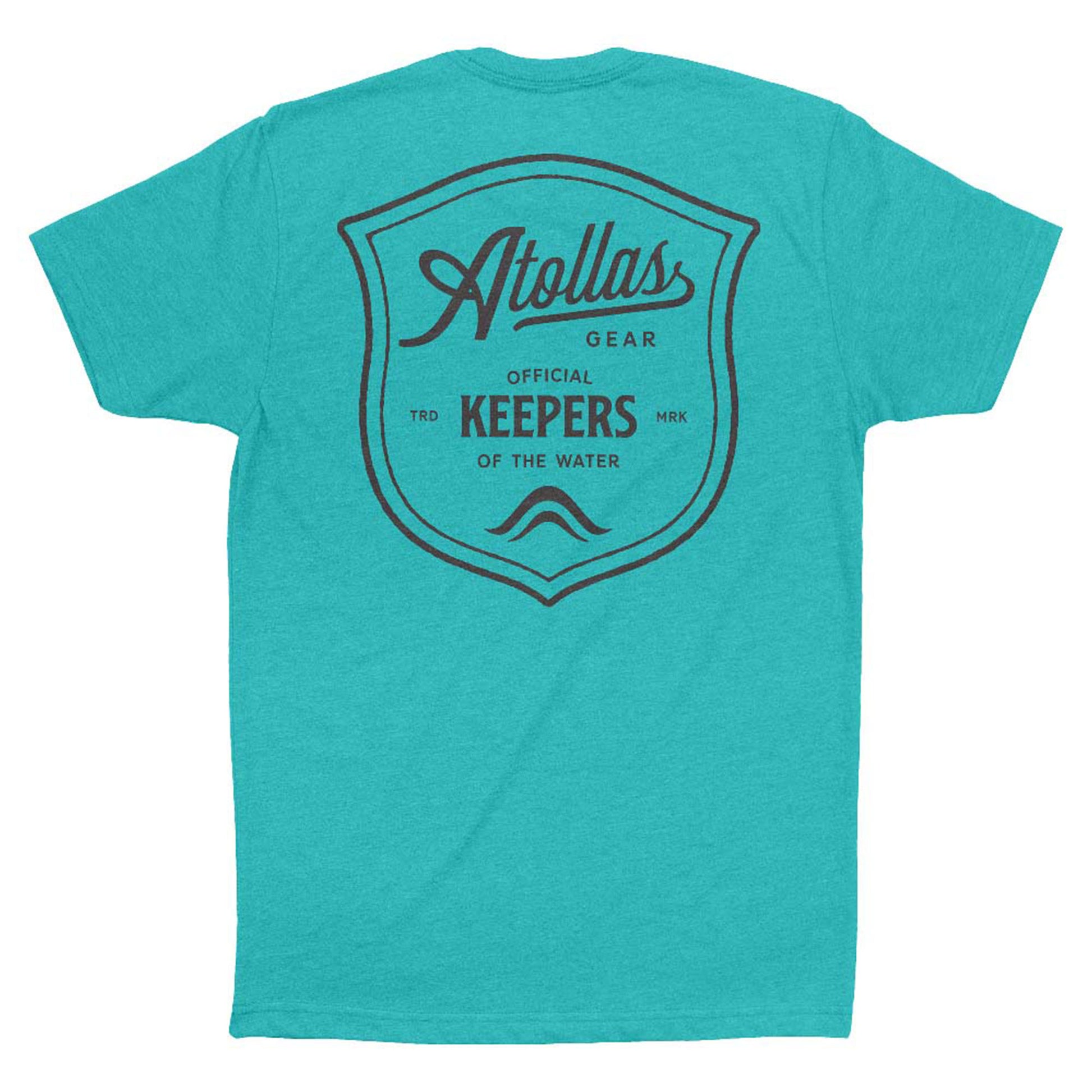 Teal t-shirt with black Atollas logo and text on a white background