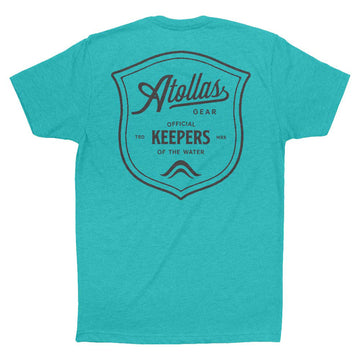 Teal t-shirt with black Atollas logo and text on a white background