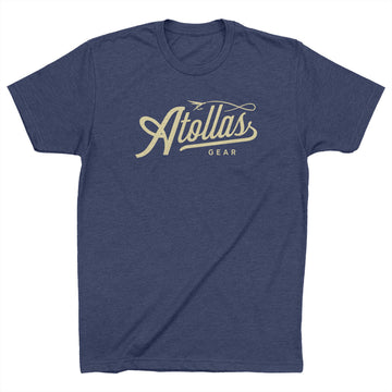 Blue t-shirt with 'Atollas Gear' logo on a white background