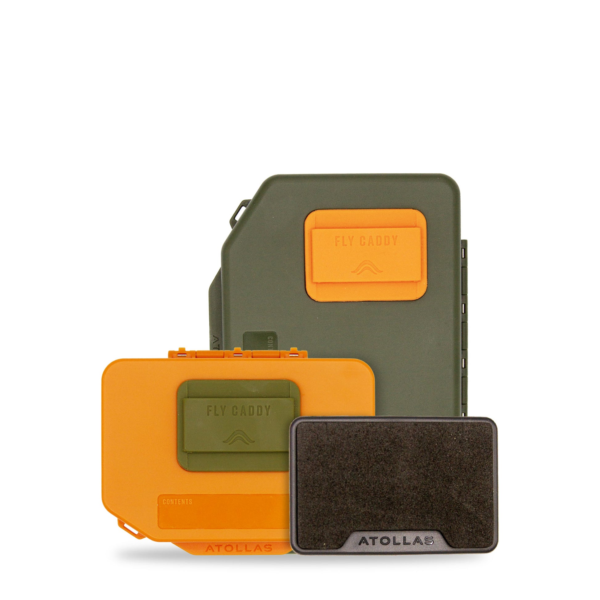 Atollas 1GO Fly Box and Micro Fly Box paired with a Fly Caddy clippable fly patch on a white background