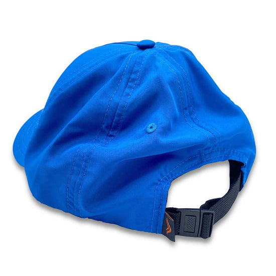 Blue cap with a black strap on a white background
