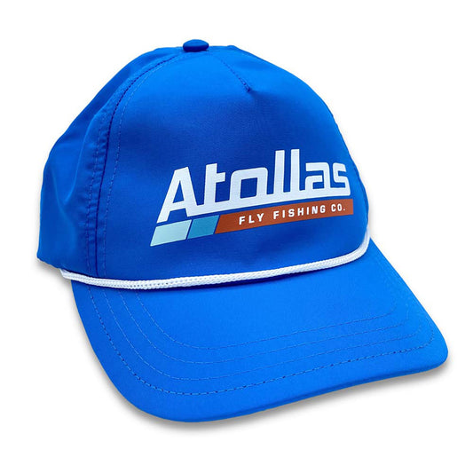 Blue cap with 'Atollas Fly Fishing Co.' logo on a white background