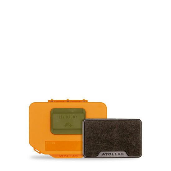 Atollas Micro Fly Box paired with a Fly Caddy clippable fly patch on a white background